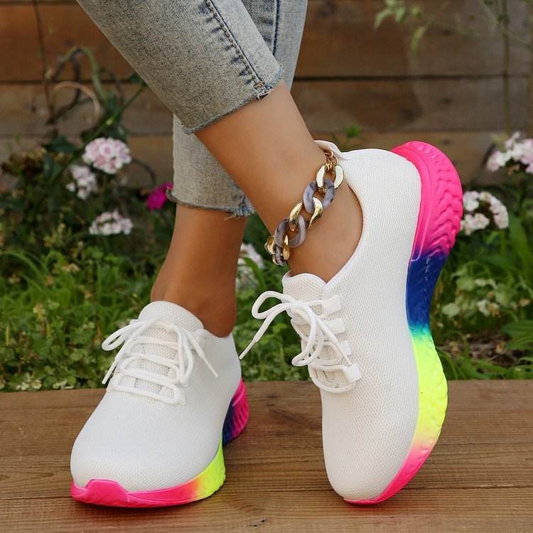 Lace-up Mesh Shoes With Rainbow Sole Design Fashion Walking Running Sports Shoes Sneakers For Women - Mubimart