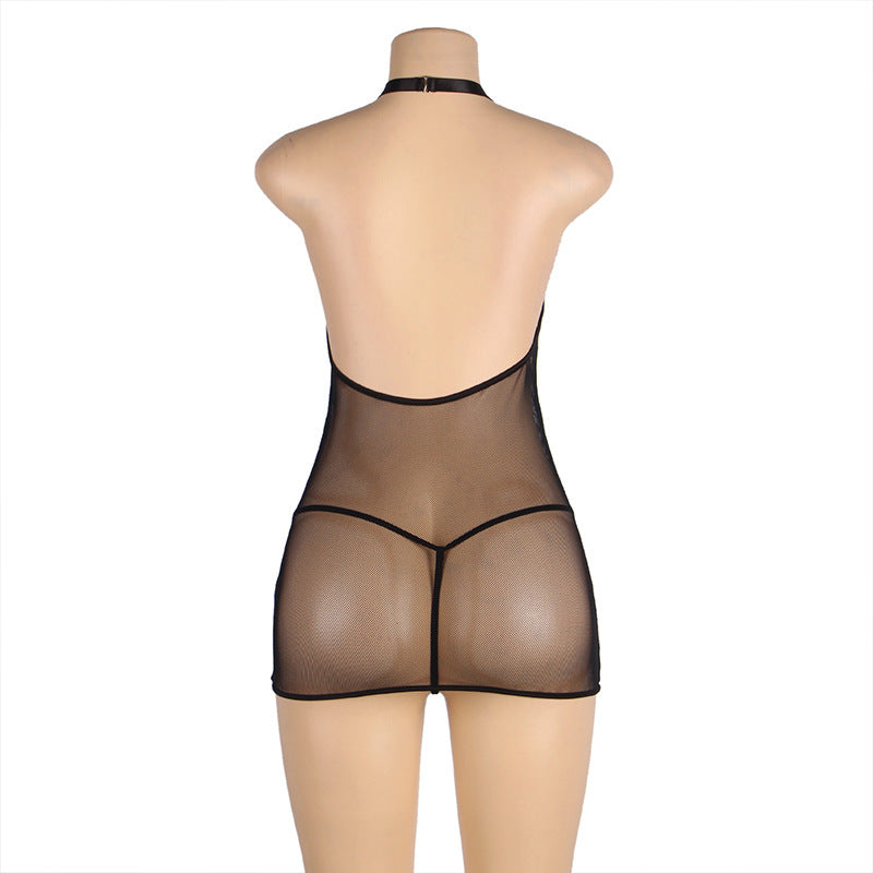 Hanging Neck Mesh Bound Garter Belt Jumpsuit - Mubimart -  