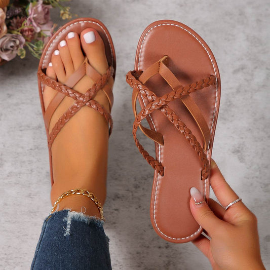 Cross-woven Design Thong Sandals Summer Flat Shoes Women Flip Flops Slides Casual Vacation Beach Slippers - Mubimart