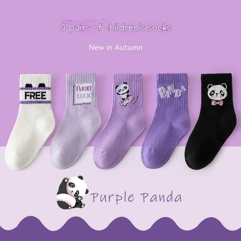 Autumn And Winter Purple Panda Cartoon Mid Tube Cotton Boys And Girls Athletic Socks - Mubimart
