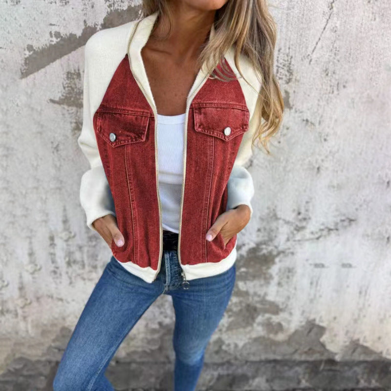 Fashion Denim Patchwork Jacket Casual Hooded Zipper Jacket Women's Clothing - Mubimart -  