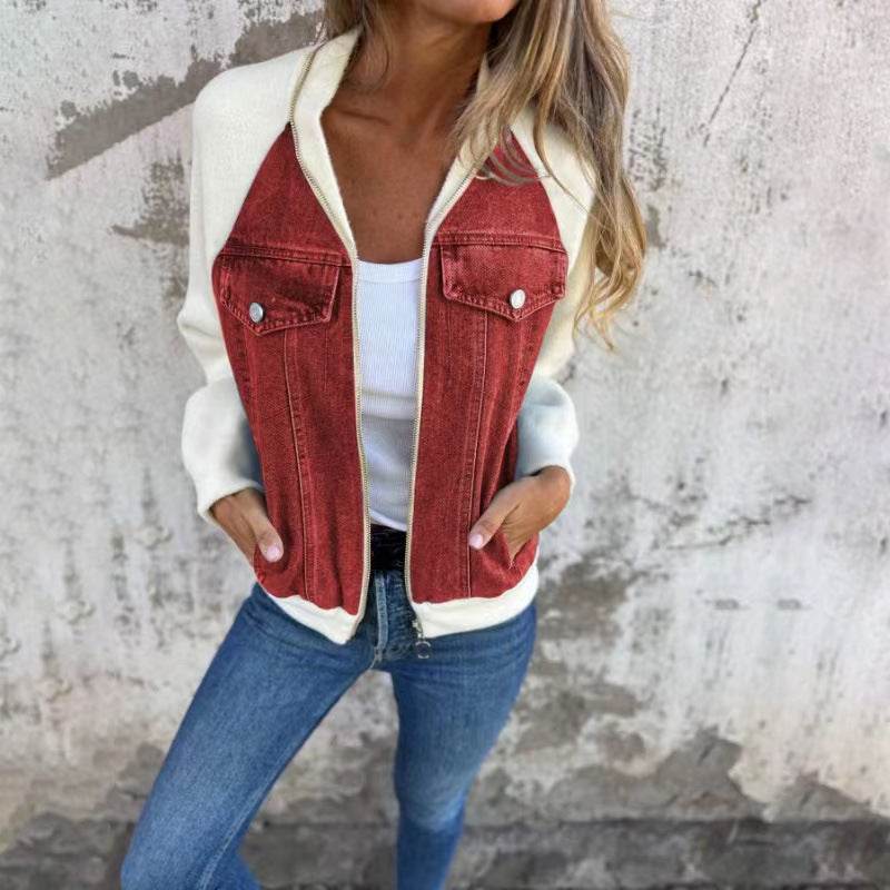 Fashion Denim Patchwork Jacket Casual Hooded Zipper Jacket Women's Clothing - Mubimart