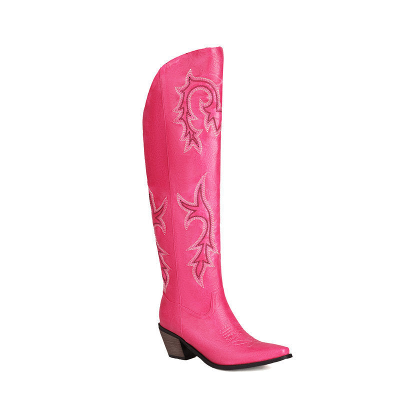 Embroidery Sleeve Western Cowboy Boot Chunky Heel High Heel