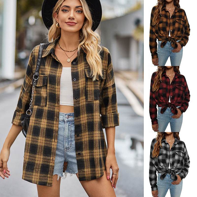 European And American Autumn And Winter Leisure Long Sleeve Flannel Plaid Pocket Shirt - Mubimart