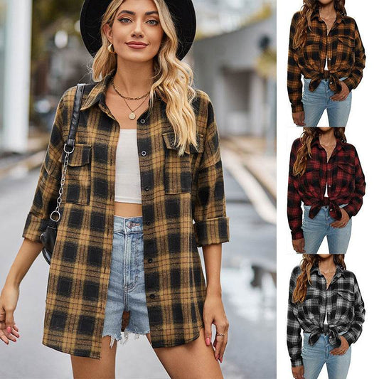 European And American Autumn And Winter Leisure Long Sleeve Flannel Plaid Pocket Shirt - Mubimart