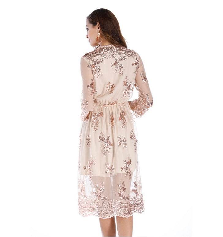 Simplee V long neck party dresses women sexy mesh streetwear Christmas MIDI dress female autumn dress - Mubimart