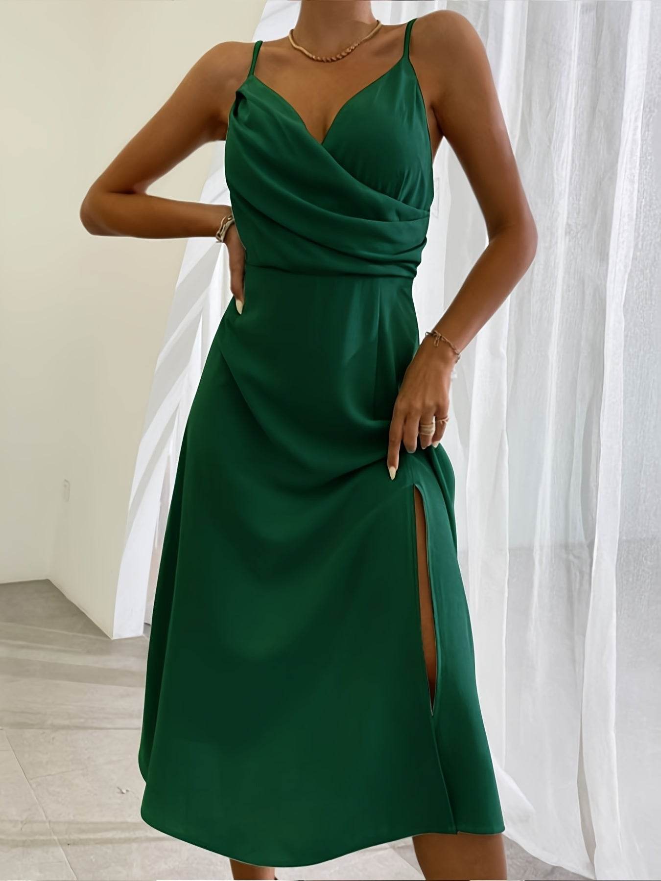 V-neck Slip Dress Low Cut Printed Slit Dress - Mubimart