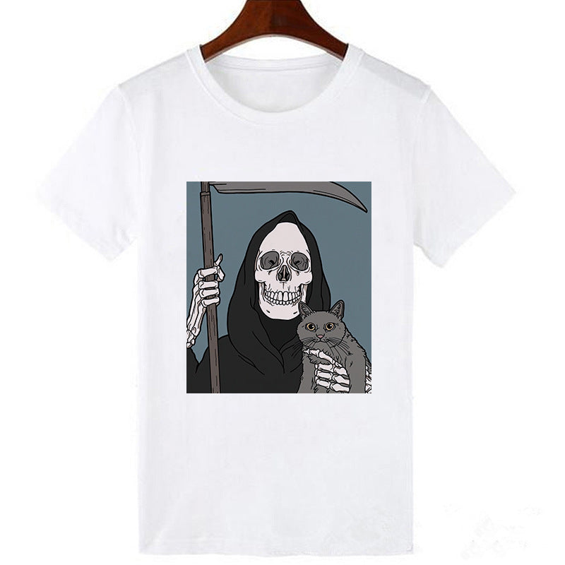 Horro Skull and Cat Femal Tshirt Top Tees kawai T-shirt - Mubimart -  