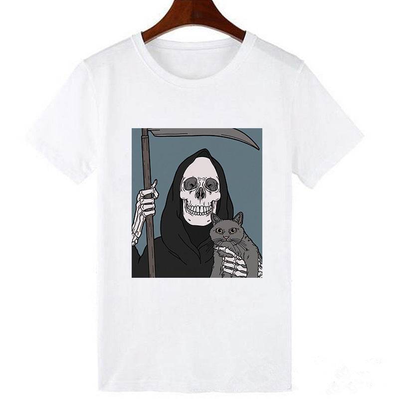 Horro Skull and Cat Femal Tshirt Top Tees kawai T-shirt - Mubimart