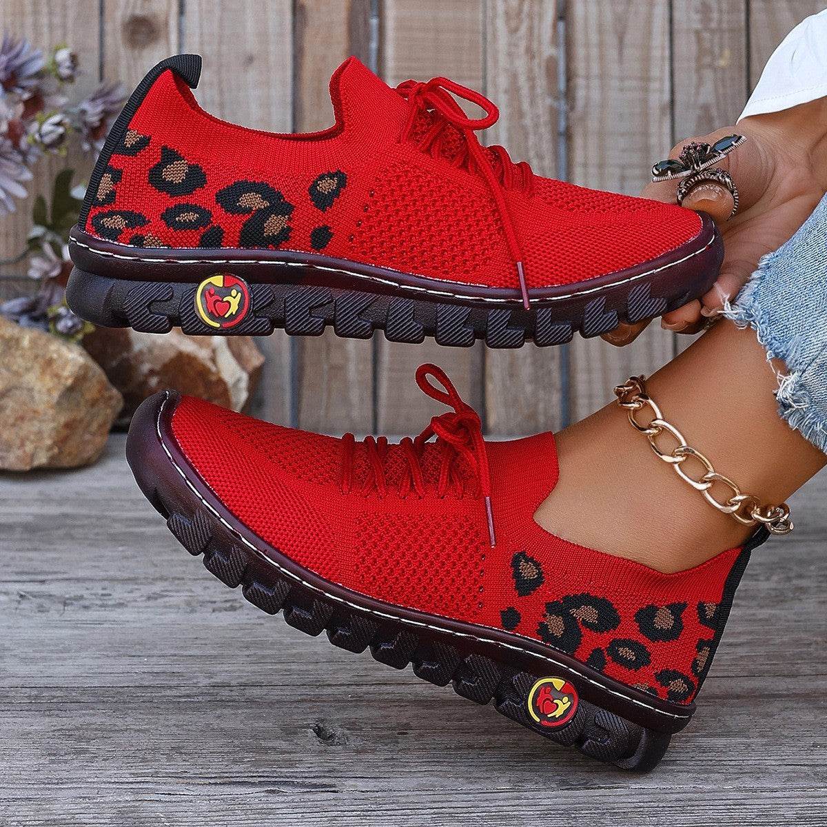 Leopard Print Round Head Lace-up Flat Bottom Comfort Breathable Mesh Surface Shoes - Mubimart