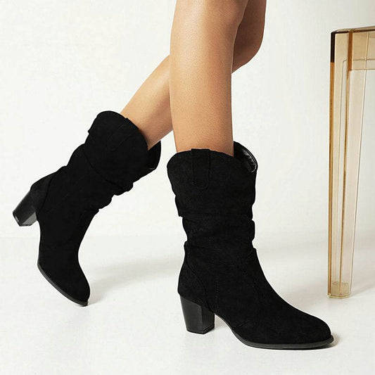 Chunky Heel High Heel Frosted Mid-calf Boots For Women - Mubimart