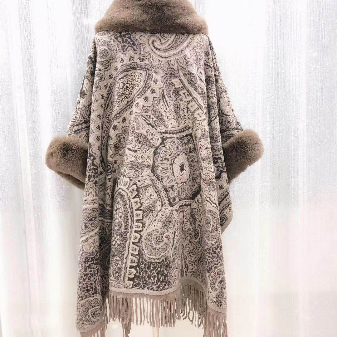 Women's Thick Fur Collar Plus Size Fringed Knitted Shawl Cape With Sleeves - Mubimart
