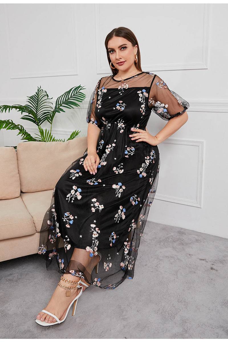 Plus Size Dress Evening Dress Women's Mesh Embroidered Midi Dress - Mubimart