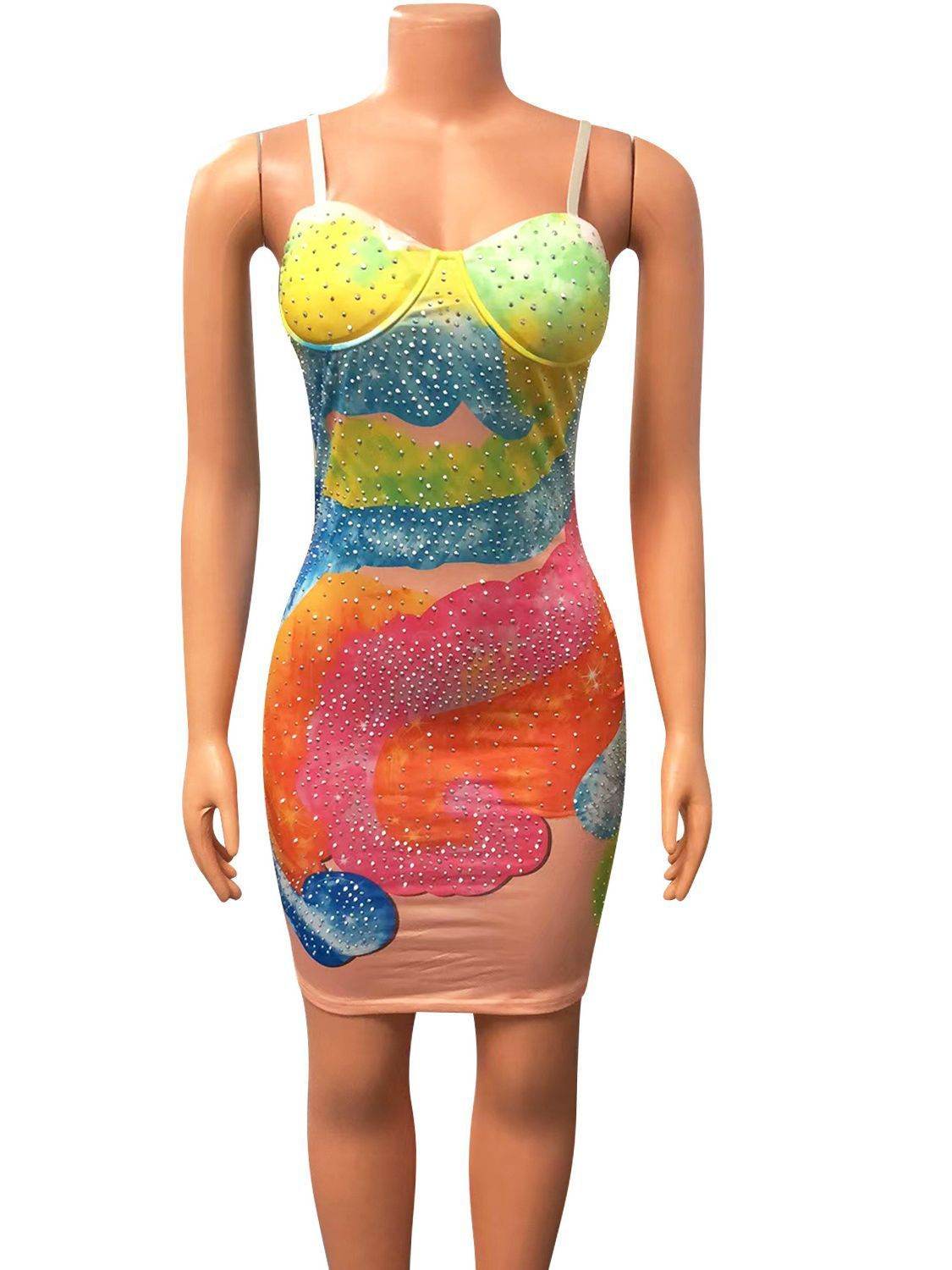 Women's Night Club Slip Rhinestone Dress - Mubimart