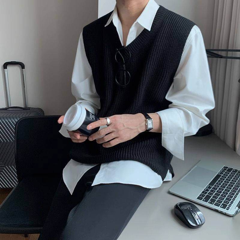 Men's V-neck Sweater Plus Size Vest Knitted Autumn And Winter College Style Waistcoat Vest Coat - Mubimart