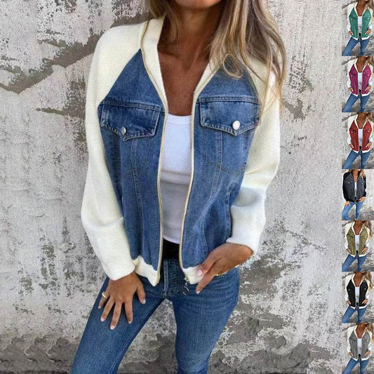 Fashion Denim Patchwork Jacket Casual Hooded Zipper Jacket Women's Clothing - Mubimart