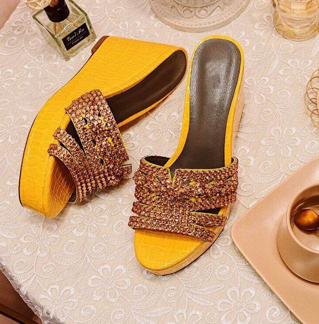 Fashion Wedge Heel Shiny Rhinestone Slippers - Mubimart