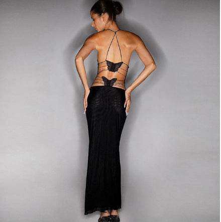 Mesh Printed Hanging Neck Slip Dress - Mubimart