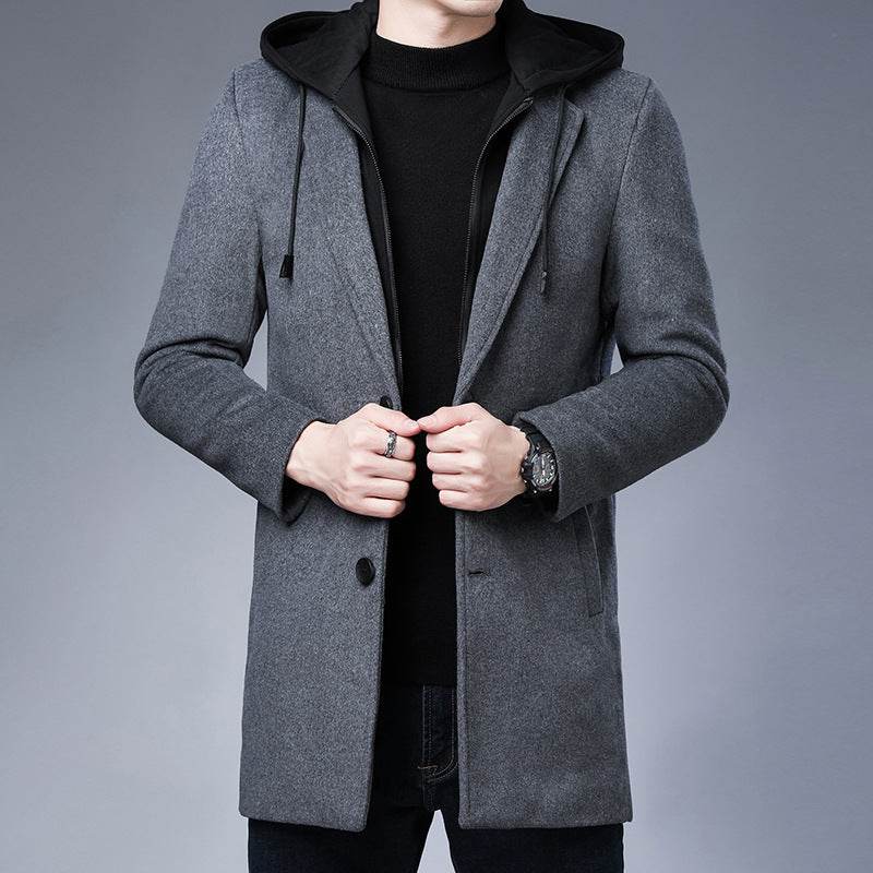 Mens Detachable Hooded Woolen Winter Coat Jacket Mid-Length Single Breasted - Mubimart