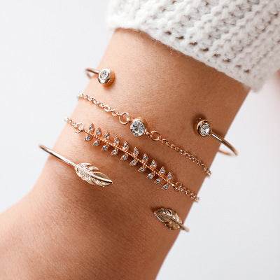 Trendy Gold Silver Crystal Leaf Moon Arrow Cat Bracelet set for Women Geometric Adjustable Bracelet Bangle Pulseiras - Mubimart