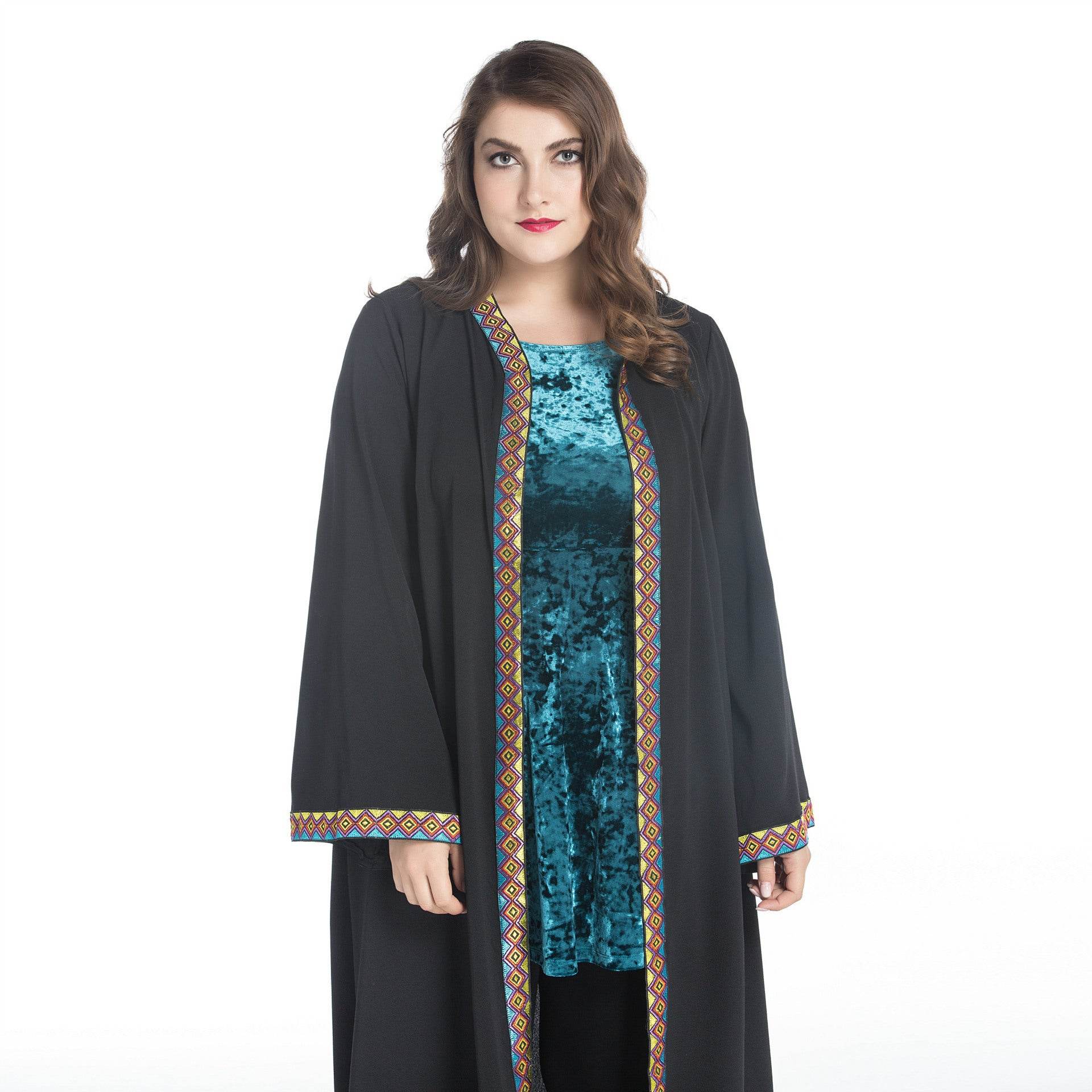 Loose Plus Size Paris Beads Retro Patchwork Long Sleeve Robe - Mubimart