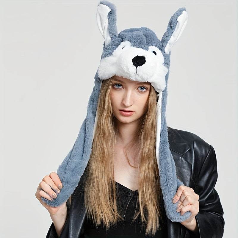 Cute Animal Moving Ear Hat Cute Panda Dog Frog Puppy Plush Hats Halloween Cosplay Party Earflap Hat For Women - Mubimart