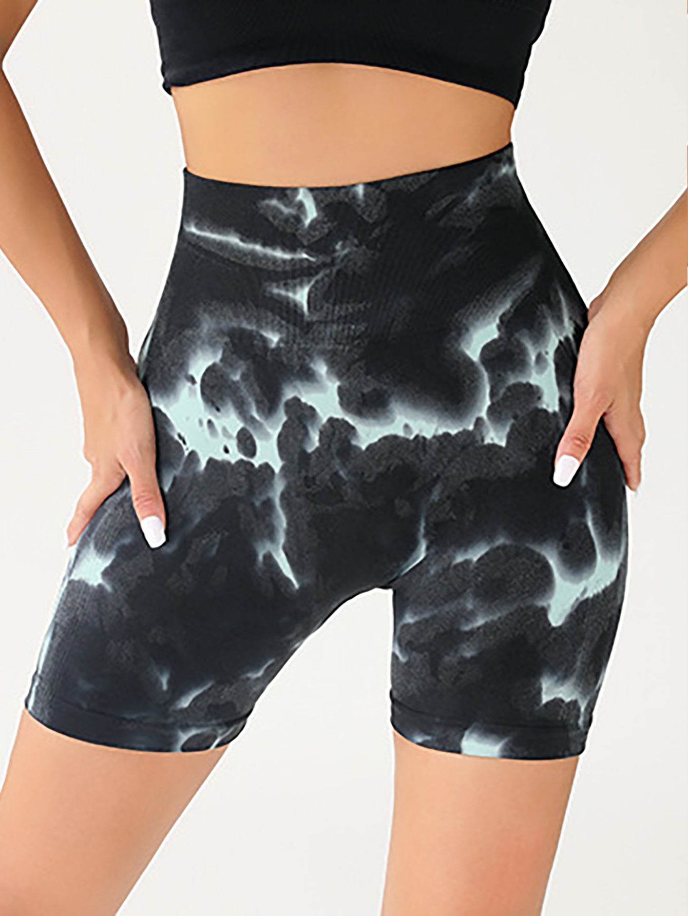 High Waist Tummy Control Yoga Shorts For Women, Tie-Dye Ruched Booty Lifting Workout Fitness Shorts, Hip Lifting Sports Activewear, Gym Exercise Running Shorts - Mubimart