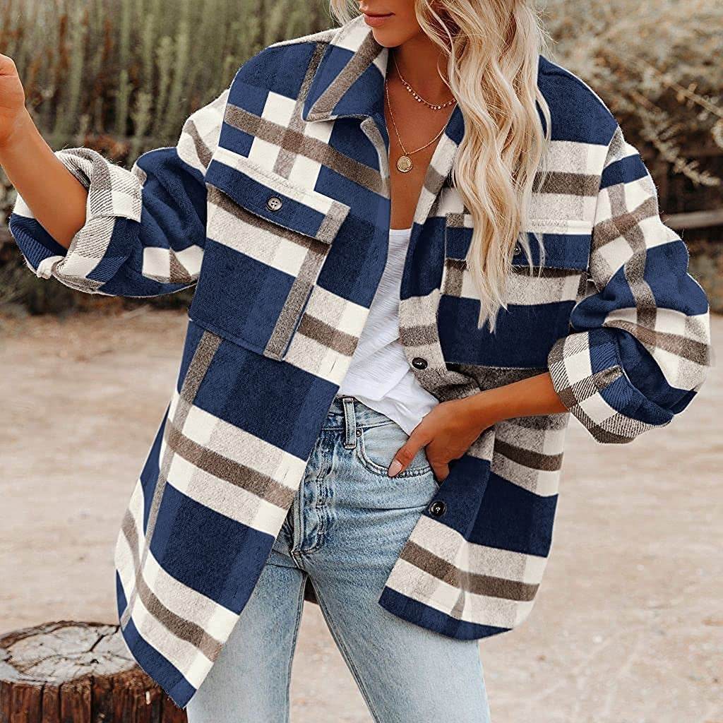 Plaid Button Flannel Woolen Shirt - Mubimart
