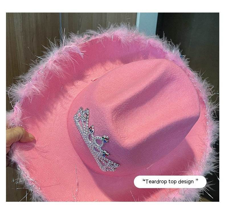Western Denim Big Brim Sun-proof Rhinestone Crown Fedora Hat - Mubimart