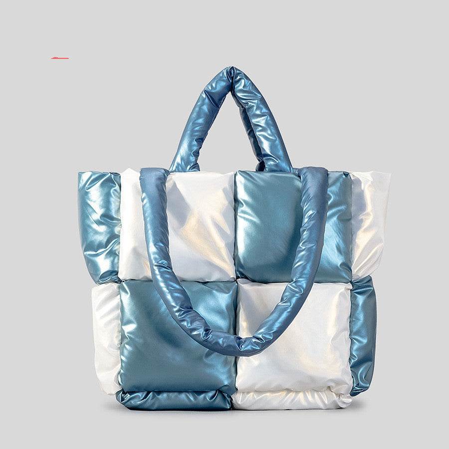 Women Handbags Winter Color Matching Down Cotton-padded Coat Tote Bag Soft Plaid Shoulder Bags - Mubimart