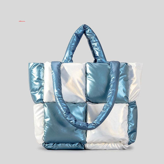 Women Handbags Winter Color Matching Down Cotton-padded Coat Tote Bag Soft Plaid Shoulder Bags - Mubimart