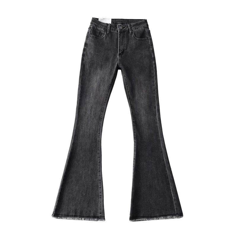 Autumn And Winter Fashion Small High Waist Raw Hem Jeans Retro Distressed Small Man Stretchy Wide-leg Slim Flare Pants - Mubimart