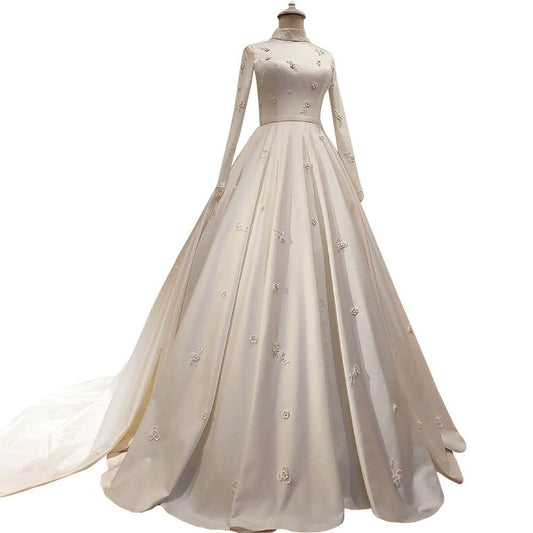 Women's Fashion Temperament Satin Stand-up Collar Long-sleeved Wedding Dresses - Mubimart
