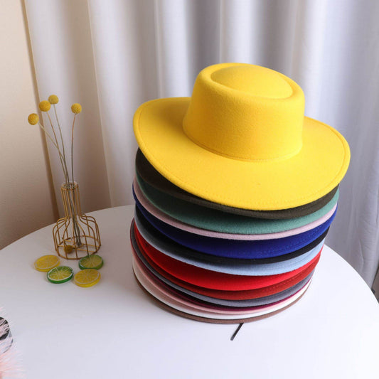 Retro Fedora 8cm Wide Brim Solid Color Concave-convex Dome Woolen Hat - Mubimart