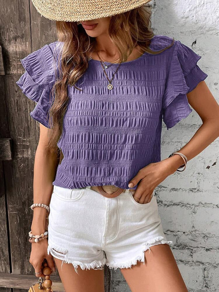 Summer Ruffled Short-sleeved T-shirt Casual Round Neck Pleated Design Top For Women Clothing - Mubimart -  