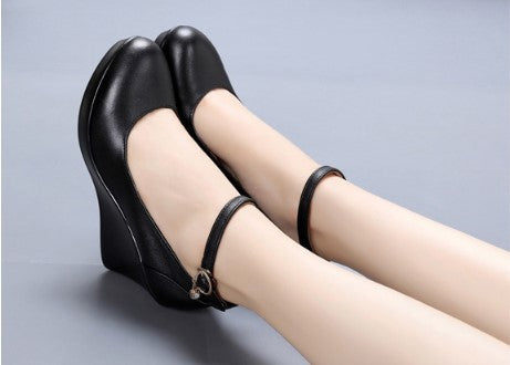 Fashion Ankle Strap High Wedges Platform Pumps For Women Casual Genuine Leather Black Work Shoes High Heels