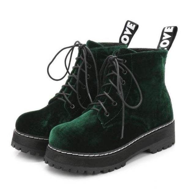 Vintage boots velvet straps ankle boots female tendon thick Martin boots - Mubimart