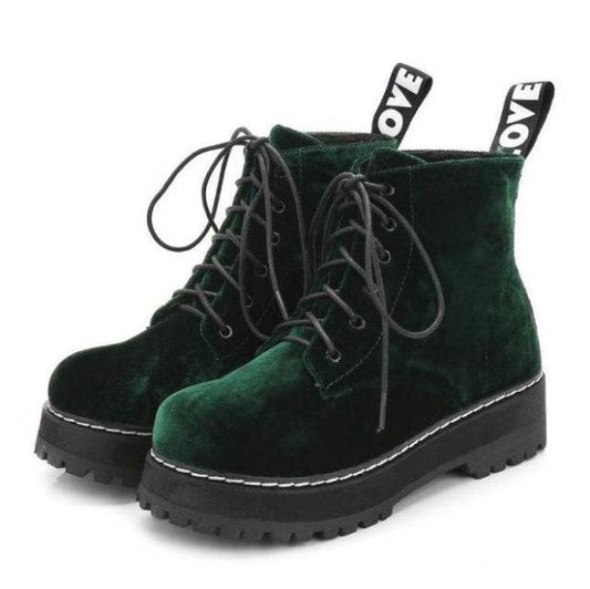 Vintage boots velvet straps ankle boots female tendon thick Martin boots - Mubimart