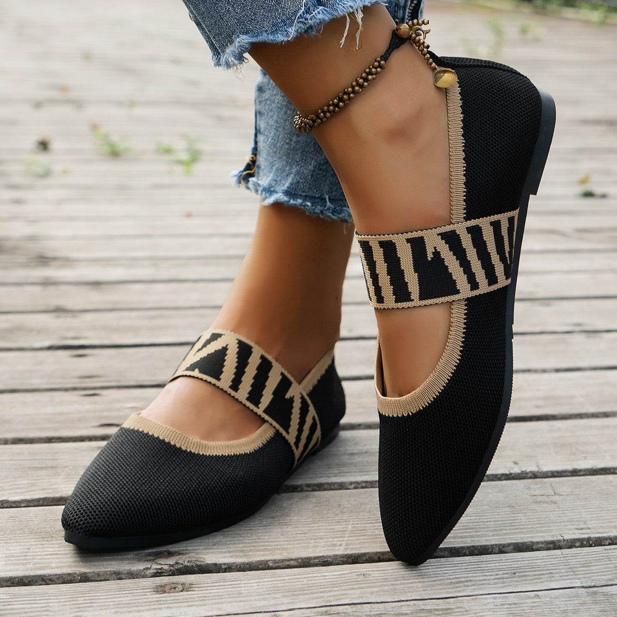 Striped Flats Shoes Fashion Casual Pointed Toe Loafers Lazy Shoes For Women - Mubimart
