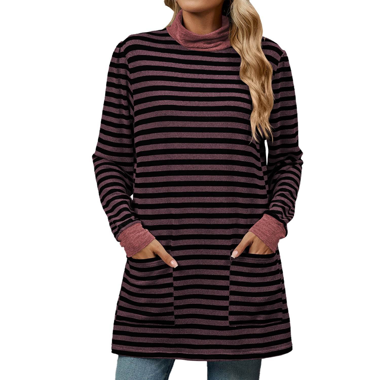 Fashion Striped Print Long Sweatshirt With Pocket Loose Long Sleeve Pullover T-shirt Top For Womens Clothing - Mubimart