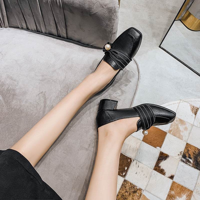 Women's High Heel Leather Shoes British Style Loafers Thick Heel Single Shoes Women - Mubimart