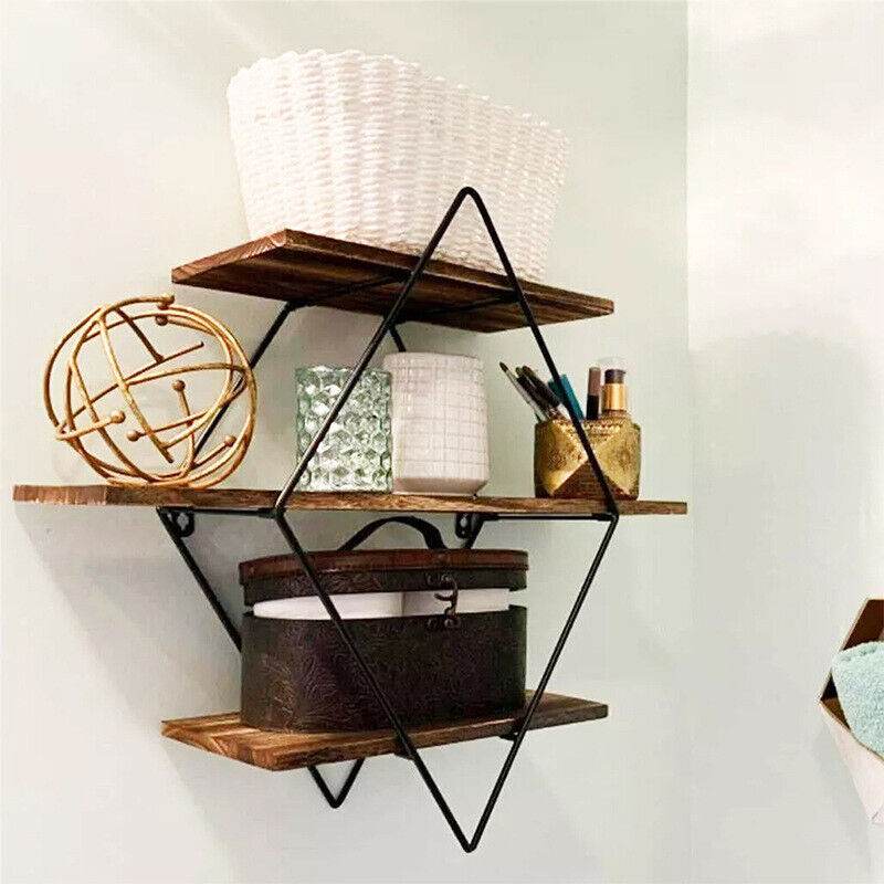3 Tiered Floating Wall Mounted Display Shelf Wooden Shelves Black Frame Shelving - Mubimart