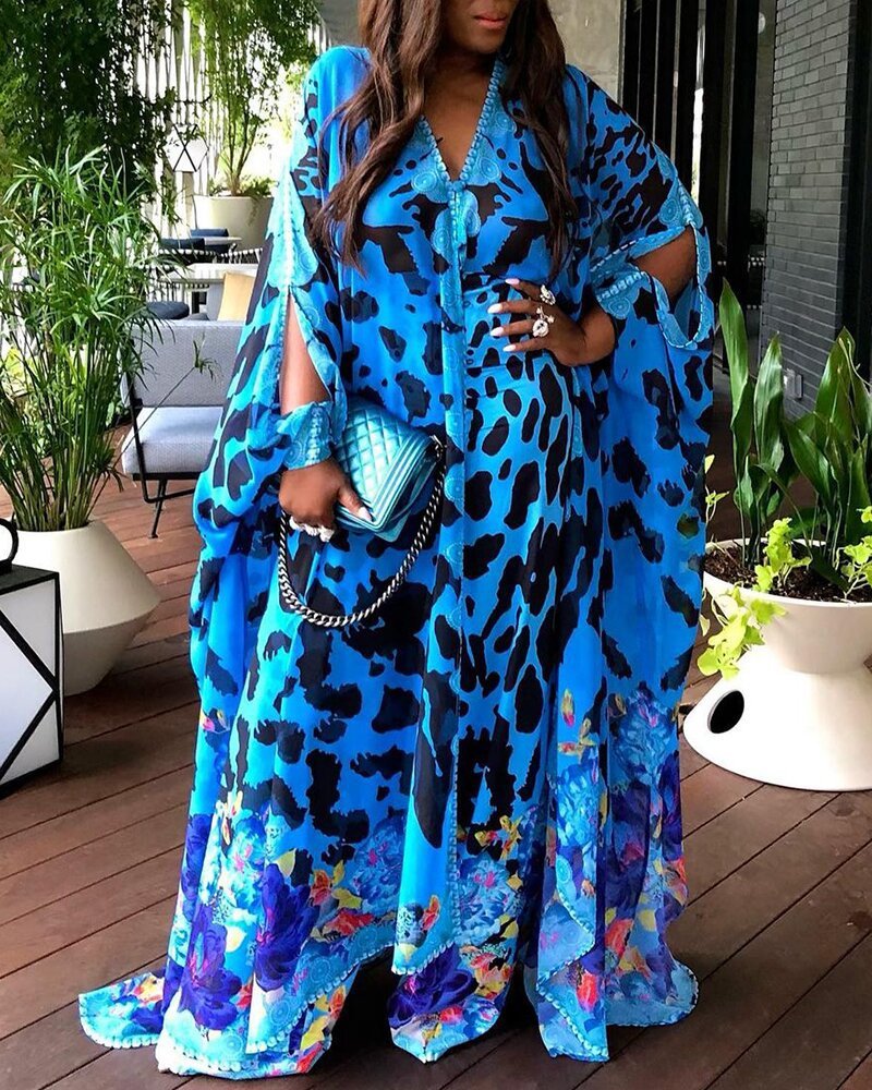 Large Size Women's Printed Loose High Waist Temperament Commuter Blue Maxi Dress - Mubimart - Plus Size Maxi Dress 