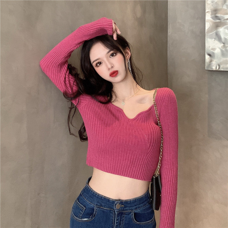 Knitted Bottoming Shirt All-Match Slimming Short Crop Top Women - Mubimart -  