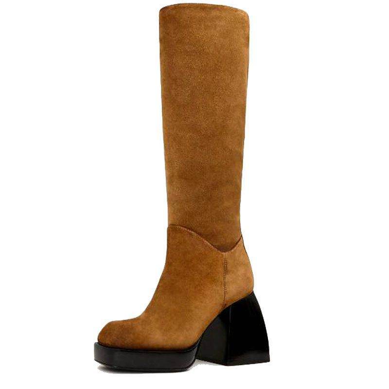 Thick High-heeled Platform Catwalk Boots, Leather Square Toe Boots - Mubimart
