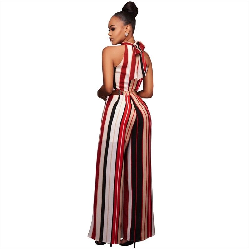 Summer Romper Women Jumpsuit Sexy Ladies Casual Elegant Loose Office Sleeveless Striped Halter Long Plus Size Overalls - Mubimart -  