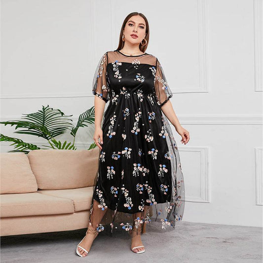 Plus Size Dress Evening Dress Women's Mesh Embroidered Midi Dress - Mubimart