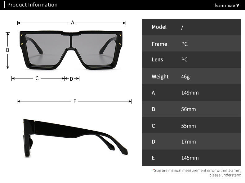 Übergroße quadratische Sonnenbrille mit einem Glas, modisch für Herren und Damen