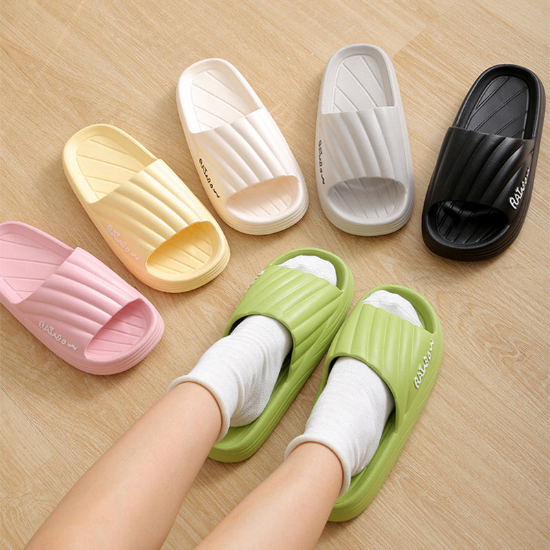 Solid Stripe Thick-soled Slippers Summer Non-slip Floor Bathroom Home Slipper For Women Men's House Shoes - Mubimart -  