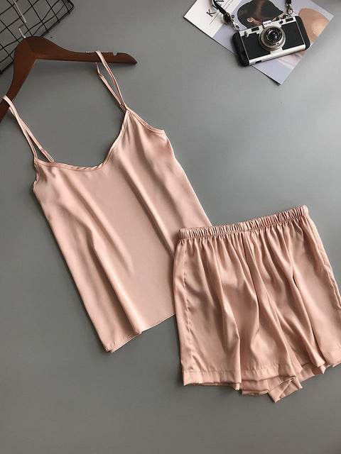 Plain Short Silky Pajama Set - Mubimart